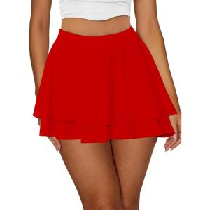 imageKaximil Womens Cute Flowy Mini Skirts High Waist Layered Ruffle Flared Skorts Skirt with Shorts UnderneathRed