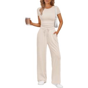 imageTrendy Queen 2 Piece Matching Summer Sweatsuit Lounge Set Womens Wide Leg Pants Side Ruching Crop Top SetsBeige