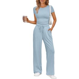 imageTrendy Queen 2 Piece Matching Summer Sweatsuit Lounge Set Womens Wide Leg Pants Side Ruching Crop Top SetsLight Blue