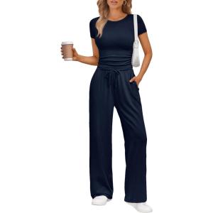 imageTrendy Queen 2 Piece Matching Summer Sweatsuit Lounge Set Womens Wide Leg Pants Side Ruching Crop Top SetsNavy
