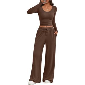 imageTrendy Queen Women 2 Piece Matching Lounge Sets Clothing Comfiest Wide Leg Pants 2025 Y2K Sweatsuits Fall Airport OutfitCocoa Brown