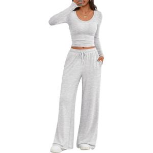 imageTrendy Queen Women 2 Piece Matching Lounge Sets Clothing Comfiest Wide Leg Pants 2025 Y2K Sweatsuits Fall Airport OutfitOatmeal Grey