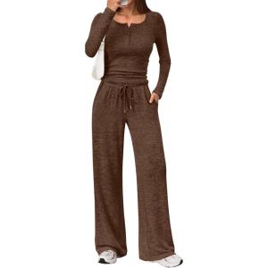 imageTrendy Queen Womens 2 Piece Matching Lounge Sets Fall Fashion Outfits Henley Neck Sweater Top Wide Leg Pants Sweat SuitsCoffee