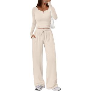 imageTrendy Queen Womens 2 Piece Matching Lounge Sets Long Sleeve Henley Neck Slightly Crop Top Wide Leg Pants Casual Sweat SuitBeige