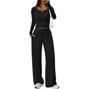 imageTrendy Queen Womens 2 Piece Matching Lounge Sets Long Sleeve Henley Neck Slightly Crop Top Wide Leg Pants Casual Sweat SuitBlack