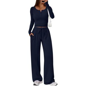 imageTrendy Queen Womens 2 Piece Matching Lounge Sets Long Sleeve Henley Neck Slightly Crop Top Wide Leg Pants Casual Sweat SuitNavy
