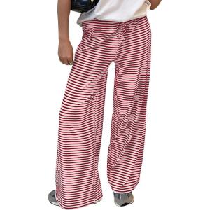 imageTrendy Queen Womens Striped Ribbed Wide Leg Pants Casual Drawstring Elastic Waist Baggy Sweatpants with PocketsRed White