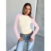 imageTrendy Queen Womens Long Sleeve Shirts Slim Fit Stretchy Color Block Slightly Cropped TopsBeige Pink Combo