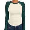 imageTrendy Queen Womens Long Sleeve Shirts Slim Fit Stretchy Color Block Slightly Cropped TopsBeige Emerald Combo