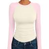 imageTrendy Queen Womens Long Sleeve Shirts Slim Fit Stretchy Color Block Slightly Cropped TopsBeige Pink Combo