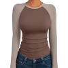 imageTrendy Queen Womens Long Sleeve Shirts Slim Fit Stretchy Color Block Slightly Cropped TopsChocolatebrown Mocha Combo