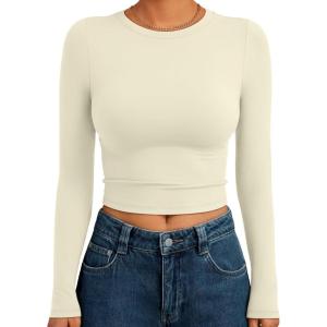 imageTrendy Queen Womens Long Sleeve Crop Tops Basic Slim Fitted Shirts Fashion 2025 Going Out Y2k Tops Teen Girl ClothesApricot