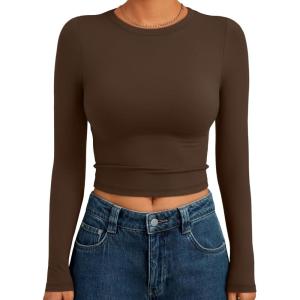 imageTrendy Queen Womens Long Sleeve Crop Tops Basic Slim Fitted Shirts Fashion 2025 Going Out Y2k Tops Teen Girl ClothesChocolate Brown
