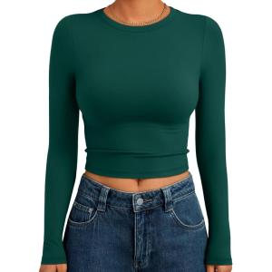 imageTrendy Queen Womens Long Sleeve Crop Tops Basic Slim Fitted Shirts Fashion 2025 Going Out Y2k Tops Teen Girl ClothesDark Green