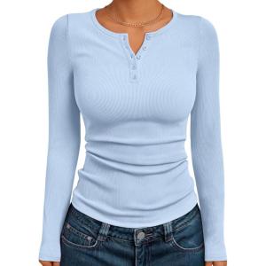 imageTrendy Queen Womens Long Sleeve Shirts 2025 Henley Casual Fall Outfits Fitted Tops Ribbed Fashion Basic TeesBlue