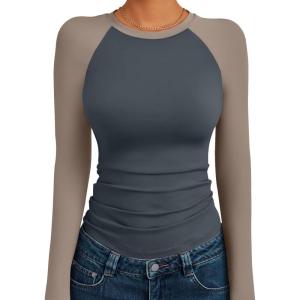 imageTrendy Queen Womens Long Sleeve Shirts Slim Fit Stretchy Color Block Slightly Cropped TopsCharcoal Mocha Combo