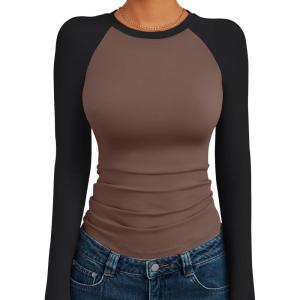 imageTrendy Queen Womens Long Sleeve Shirts Slim Fit Stretchy Color Block Slightly Cropped TopsChocolatebrown Black Combo