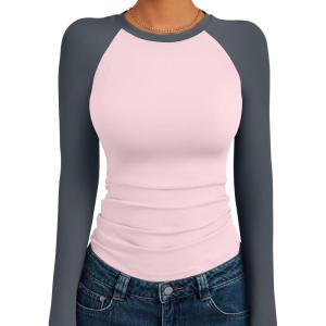 imageTrendy Queen Womens Long Sleeve Shirts Slim Fit Stretchy Color Block Slightly Cropped TopsPink Charcoal Combo