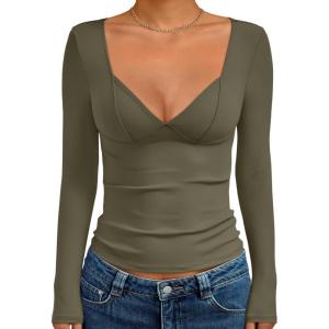 imageTrendy Queen Going Out Tops for Women Trendy Long Sleeve Shirts Fashion Clothing V Neck Basic Y2K Clothes Cute Shirt CorsetArmy Green