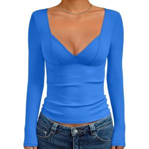 imageTrendy Queen Going Out Tops for Women Trendy Long Sleeve Shirts Fashion Clothing V Neck Basic Y2K Clothes Cute Shirt CorsetBlue