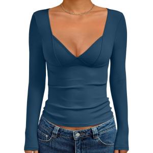imageTrendy Queen Going Out Tops for Women Trendy Long Sleeve Shirts Fashion Clothing V Neck Basic Y2K Clothes Cute Shirt CorsetDark Blue