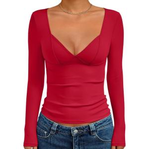 imageTrendy Queen Going Out Tops for Women Trendy Long Sleeve Shirts Fashion Clothing V Neck Basic Y2K Clothes Cute Shirt CorsetRed