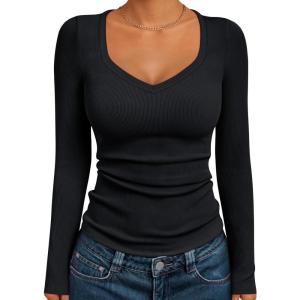 imageTrendy Queen Womens Long Sleeve Shirts V Neck Ribbed Knit Fall TopsBlack