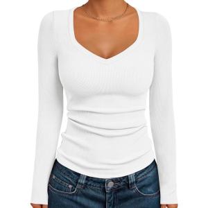 imageTrendy Queen Womens Long Sleeve Shirts V Neck Ribbed Knit Fall TopsWhite