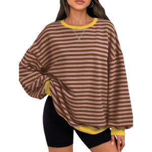 imageTrendy Queen Oversized Sweatshirt for Women 2025 Fall Crewneck Striped Long Sleeve Shirts Hoodies Cute Top Y2K OutfitsBrownkhaki