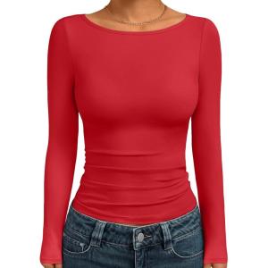 imageTrendy Queen Womens Boat Neck Tops Long Sleeve Shirts Casual Fitted Tee Shirts Solid Color Fall Basic Clothes 2025Red