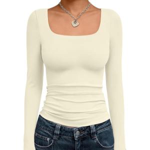 imageTrendy Queen Womens Long Sleeve Shirts Crop Tops Fall Fashion 2025 Square Neck Going Out Basics Tees Y2k ClothesApricot