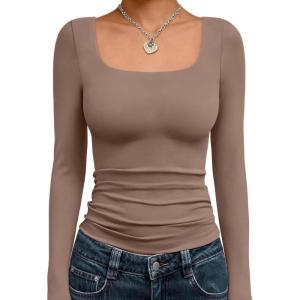 imageTrendy Queen Womens Long Sleeve Shirts Crop Tops Fall Fashion 2025 Square Neck Going Out Basics Tees Y2k ClothesCoffee Grey
