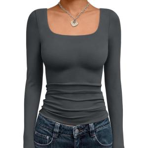 imageTrendy Queen Womens Long Sleeve Shirts Crop Tops Fall Fashion 2025 Square Neck Going Out Basics Tees Y2k ClothesGray