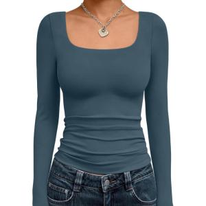 imageTrendy Queen Womens Long Sleeve Shirts Crop Tops Fall Fashion 2025 Square Neck Going Out Basics Tees Y2k ClothesHaze Blue
