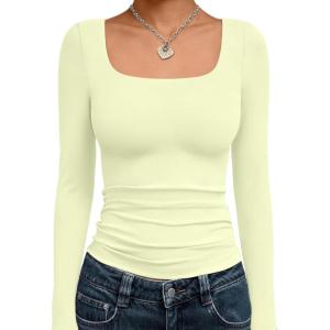 imageTrendy Queen Womens Long Sleeve Shirts Crop Tops Fall Fashion 2025 Square Neck Going Out Basics Tees Y2k ClothesLemon Yellow