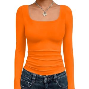 imageTrendy Queen Womens Long Sleeve Shirts Crop Tops Fall Fashion 2025 Square Neck Going Out Basics Tees Y2k ClothesOrange