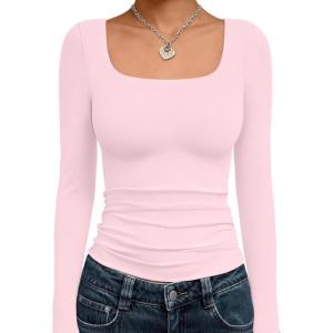 imageTrendy Queen Womens Long Sleeve Shirts Crop Tops Fall Fashion 2025 Square Neck Going Out Basics Tees Y2k ClothesPink