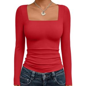 imageTrendy Queen Womens Long Sleeve Shirts Square Neck Going Out Crop Tops Fashion Y2k Workout Clothes Fall Outfits 2025Red
