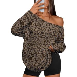 imageTrendy Queen Womens Off The Shoulder Tops Oversized Tshirts Long Sleeve 2025 Casual Basic TeesLeopard
