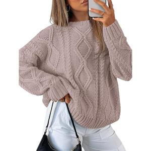 imageTrendy Queen Womens Oversized Cable Knit Crewneck SweatersLight Mauve