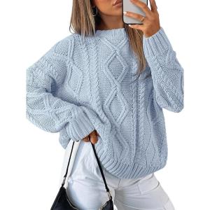 imageTrendy Queen Womens Oversized Cable Knit Crewneck SweatersPastel Blue