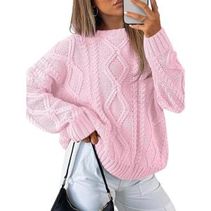 imageTrendy Queen Womens Oversized Cable Knit Crewneck SweatersPastel Pink