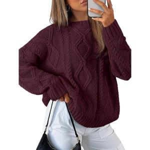 imageTrendy Queen Womens Oversized Cable Knit Crewneck SweatersWine Red