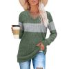 imageSampeel V Neck Long Sleeve Shirts for Women Casual Fall Tops Lightweight Tunic Sweaters Fashion Clothes Loose Fit 2025Green Color Block