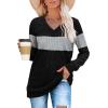 imageSampeel V Neck Long Sleeve Shirts for Women Casual Fall Tops Lightweight Tunic Sweaters Fashion Clothes Loose Fit 2025Grey Color Block