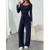 imageTrendy Queen 2 Piece Scoop Neck Lounge Set Womens Wide Leg Pants Side Ruching Slightly Crop Top Sweatsuit Sets With PocketsNavy