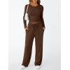 imageTrendy Queen Womens 2 Piece Matching Lounge Set Long Sleeve Slightly Crop Top Wide Leg Pants Casual SweatsuitCocoa