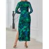 imageTrendy Queen Womens Floral Print Bodycon Ruched Dress Fall Long Sleeve Maxi Wedding Guest Dresses with Side SlitBlue Green