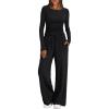 imageTrendy Queen Womens 2 Piece Matching Lounge Set Boat Neck Slim Fitted Top Wide Leg Pants Casual TracksuitsBlack