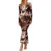 imageTrendy Queen Womens Floral Print Bodycon Ruched Dress Fall Long Sleeve Maxi Wedding Guest Dresses with Side SlitCoffee